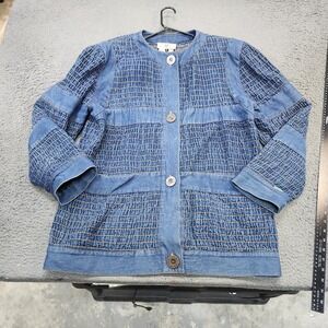 Gene Ewing BIS Jacket Womens Large Blue Wrinkled Rich Denim Button Front Smocked